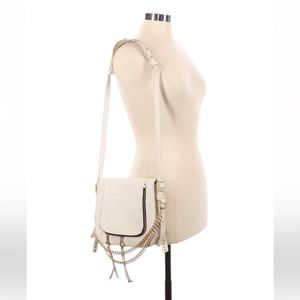 Ash white pebbled leather crossbody with gold accents